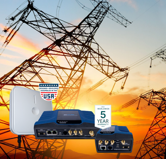 Sunset sky with electric power lines and towers, overlay of Wi-Fi equipment including a satellite antenna, a Wi-Fi router, and a signal booster, with labels indicating USA design and 5-year worldwide warranty.