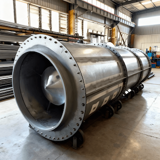 Large industrial cylindrical tank or reactor in a manufacturing warehouse.