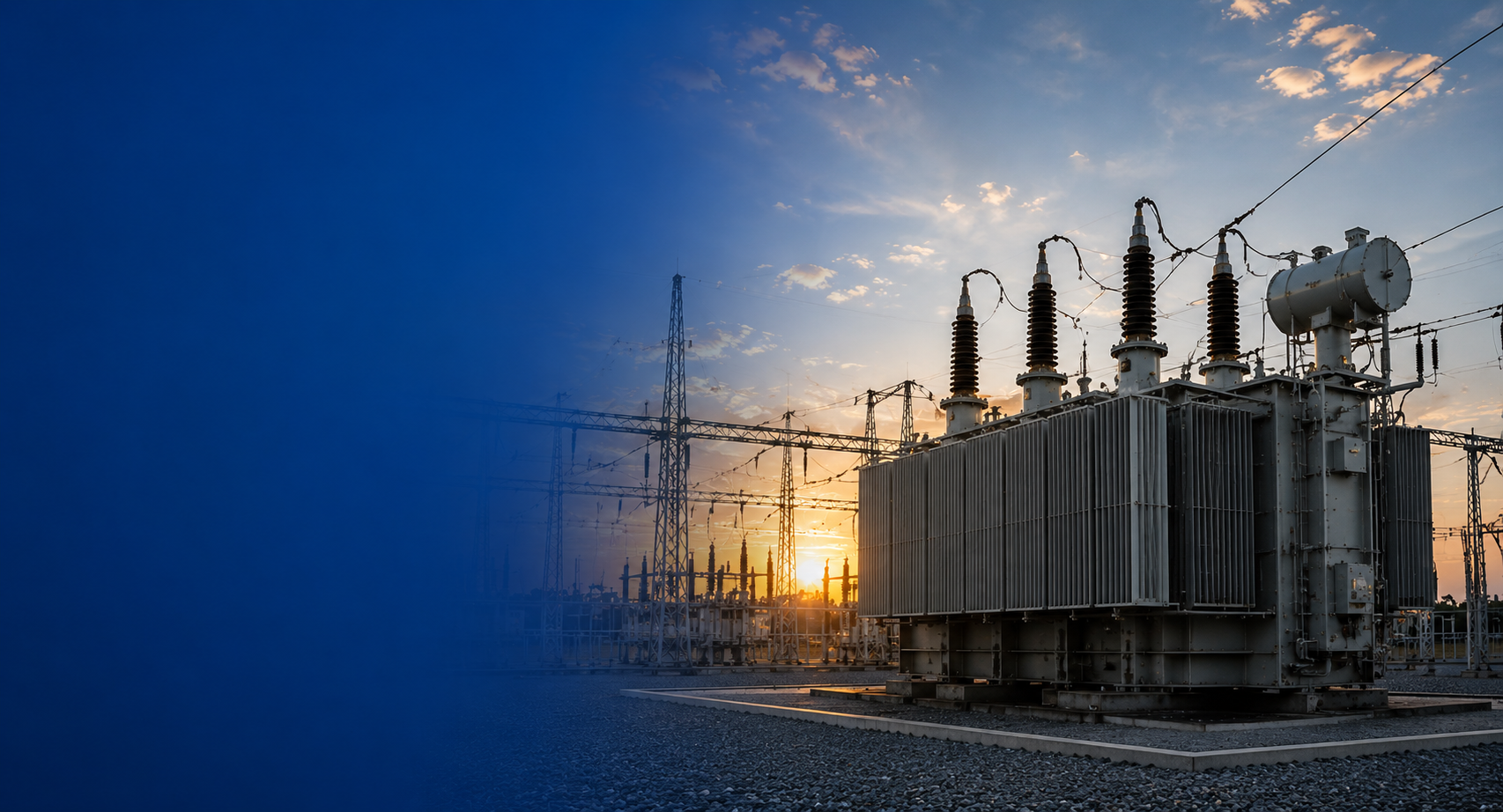 Power substation with electrical transformers and power lines at sunset.