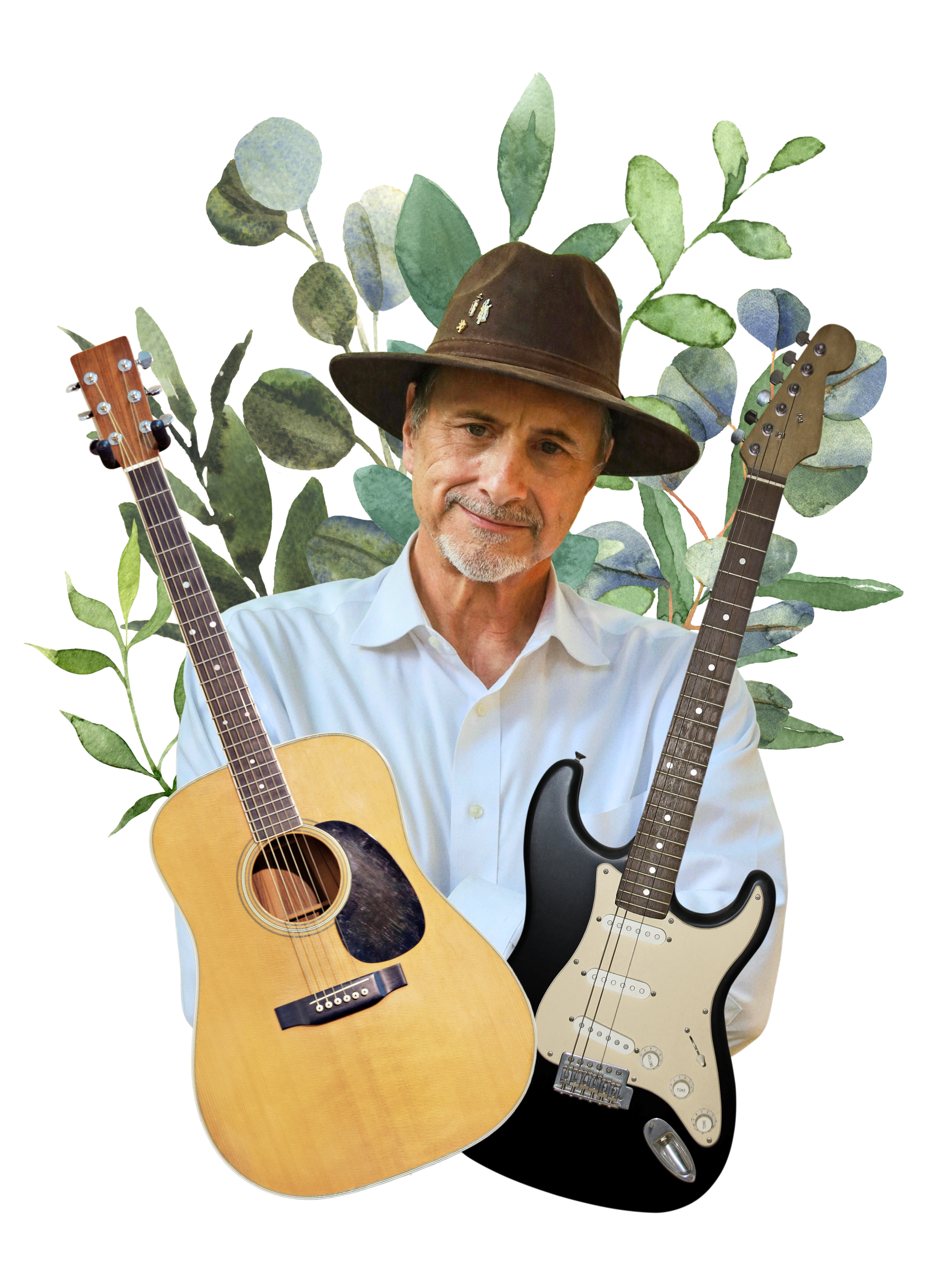 Charles Stewart wearing a brown hat and a white shirt, smiling, holding an acoustic guitar and an electric guitar, with green plants in the background.