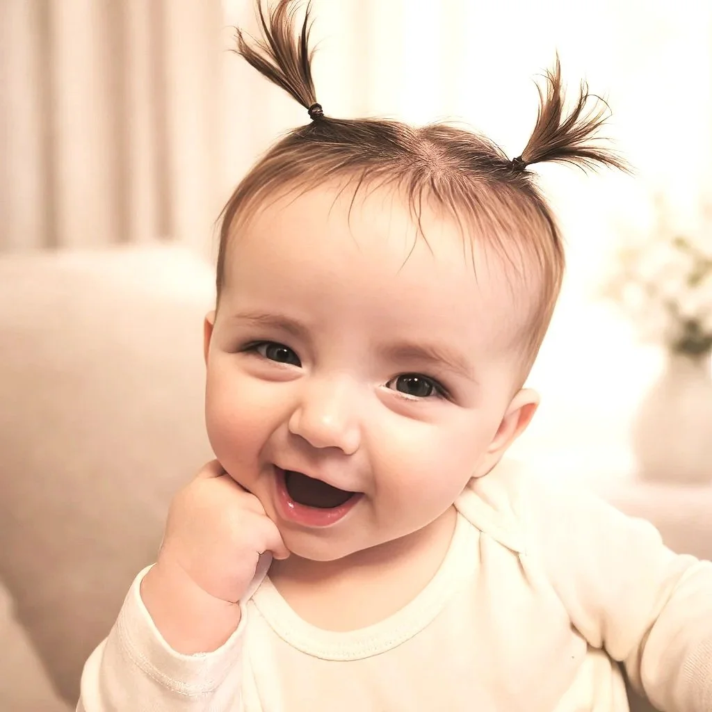 A happy baby with light skin, big eyes, and a wide smile, with hair tied into two small pigtails on top of her head, wearing a cream-colored long-sleeve shirt.