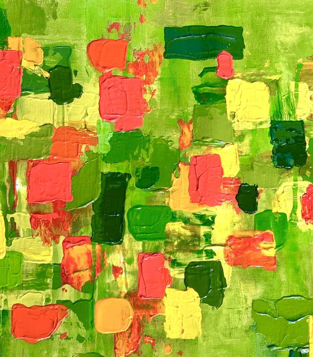 "Amapola en el Balcón"
Acrylic on loose canvas, 16 1/2 x 23 

This abstract piece celebrates the hibiscus flower, Puerto Rico’s beloved “amapola”. With strokes of red, orange, and yellow against lush green, the painting evokes a blooming balcony of a
