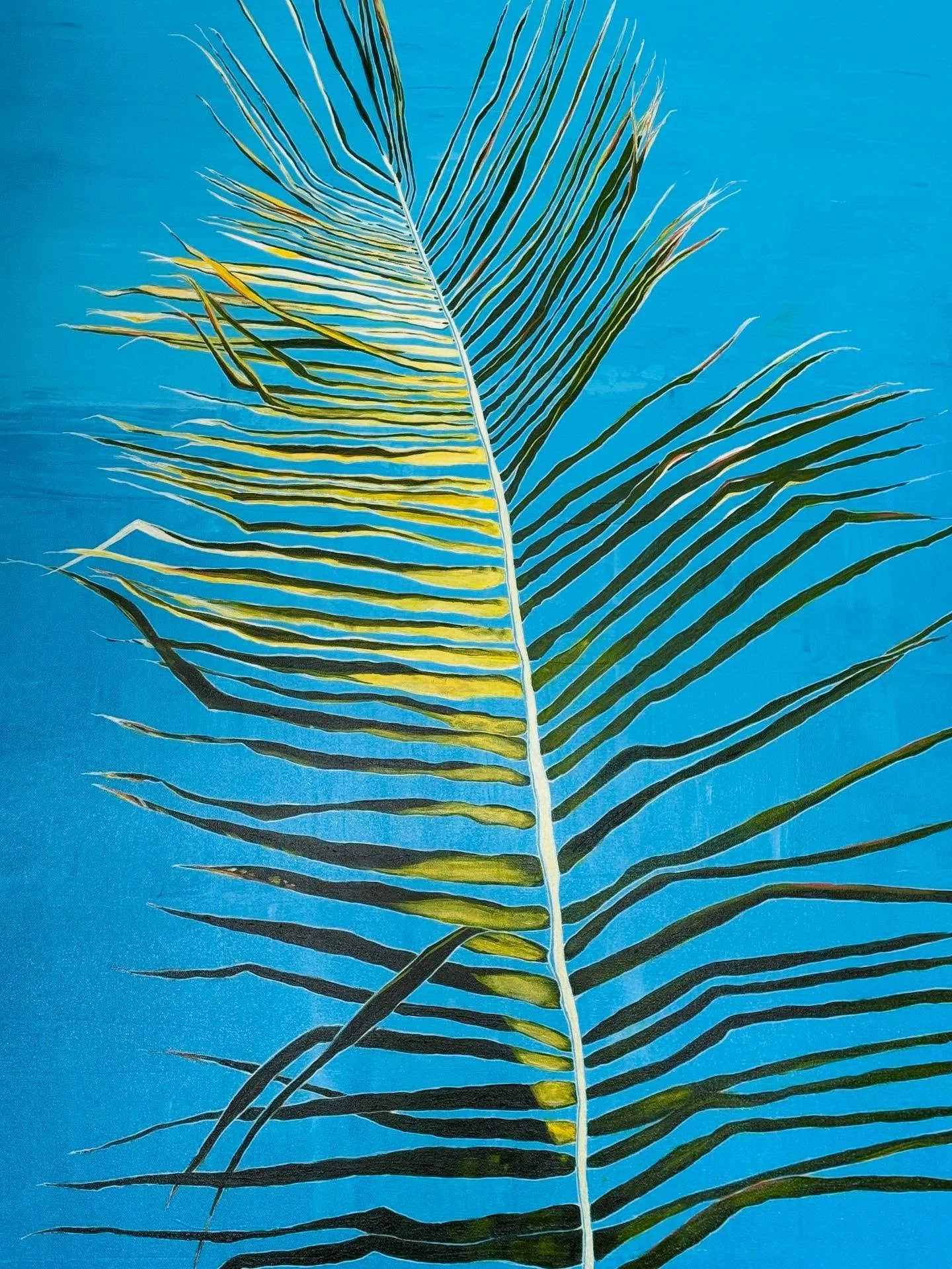 “Queen of the Wind”
Acrylic on canvas
Captures a moment of natural motion: a solitary palm bending into light, shaped by the invisible force of the wind. Its sweeping lines and shifting greens evoke freedom, resilience, and the quiet strength of the 