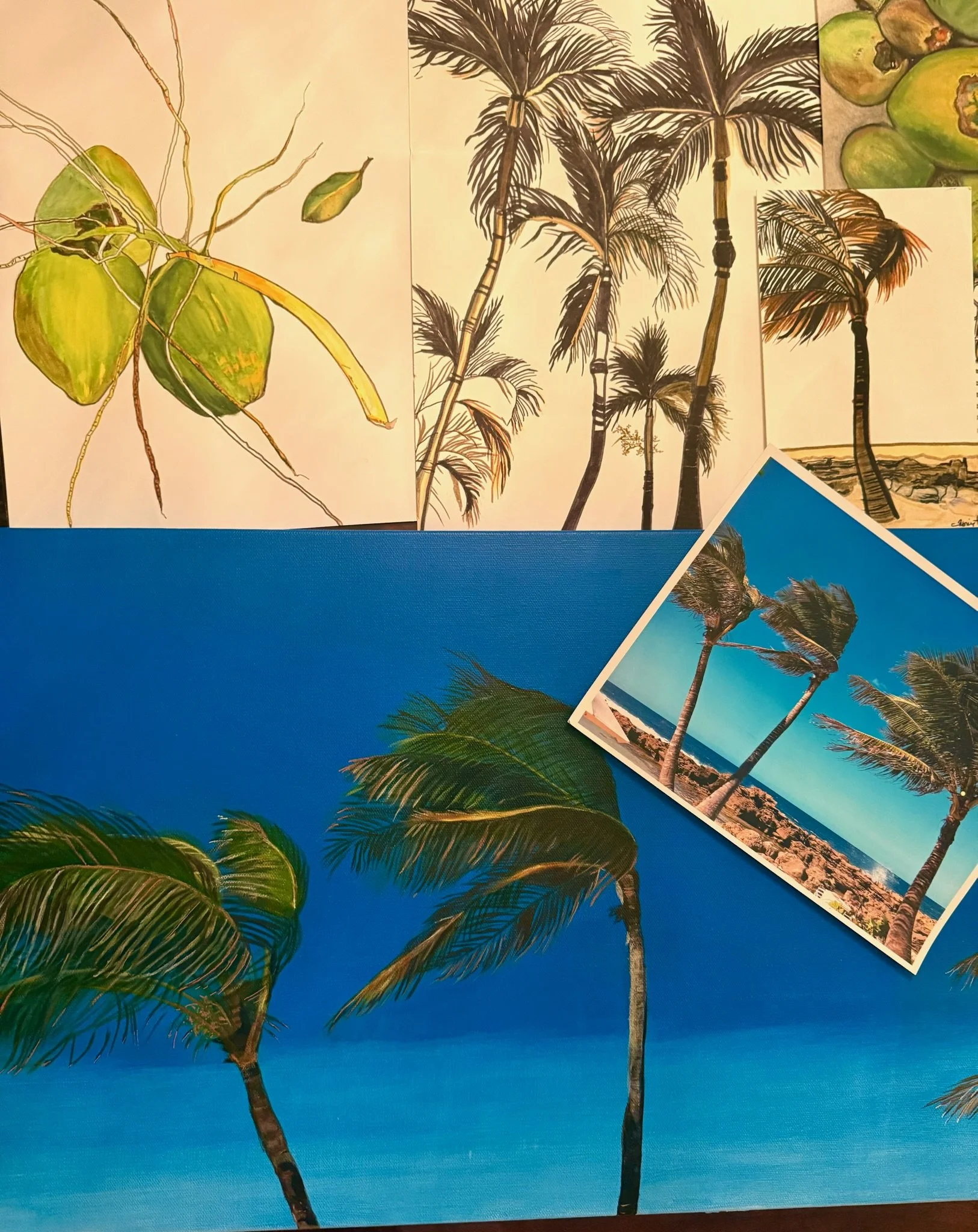 "Wind Beauties"
Acrylic on canvas, 16 x 40 
Three palm trees bend and sway against a vast blue sky, dancing with strength that bends but doesn’t break. Their beauty endures, especially in motion.