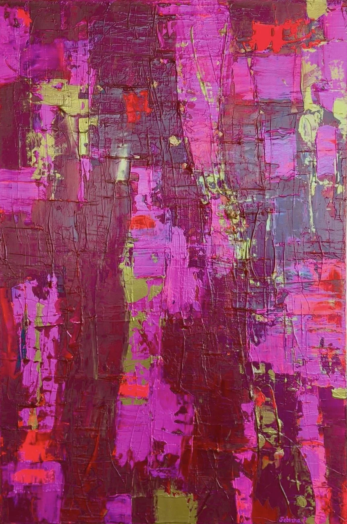 “Latidos”
Acrylic on canvas, 36 x 24
This piece feels alive, an overlap of emotional frequencies. It vibrates between control and release, tension and tenderness. Each stroke becomes a beat, the flashes of color a memory. Latidos is meant to be felt,