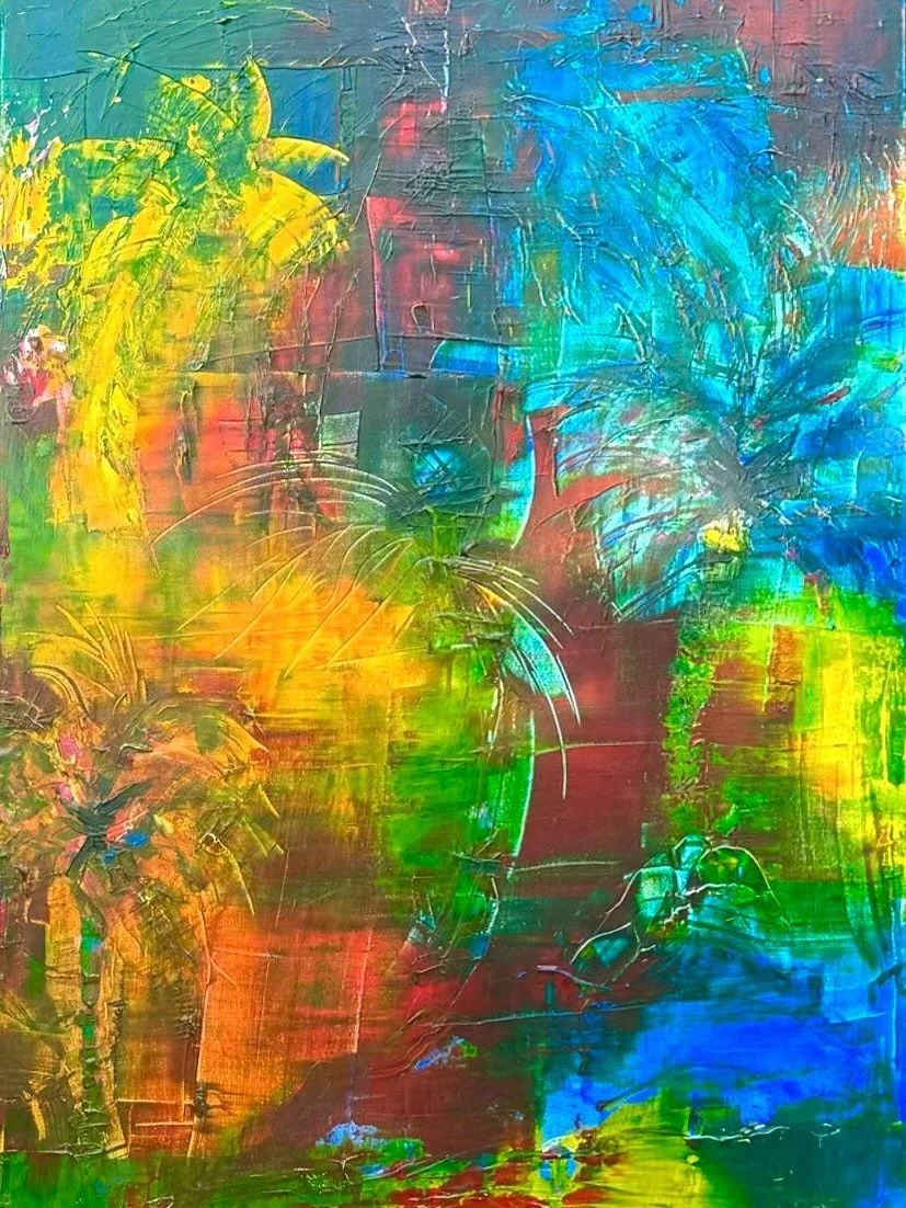 "Tropical Explosion"
24 x 36 Acrylic on canvas

The vibrant energy of the tropics are having a fiesta! Layers of bold colors collide and blend like the movement of palm trees under sun and sky. It’s the coming together of the Caribbean landscape, ali