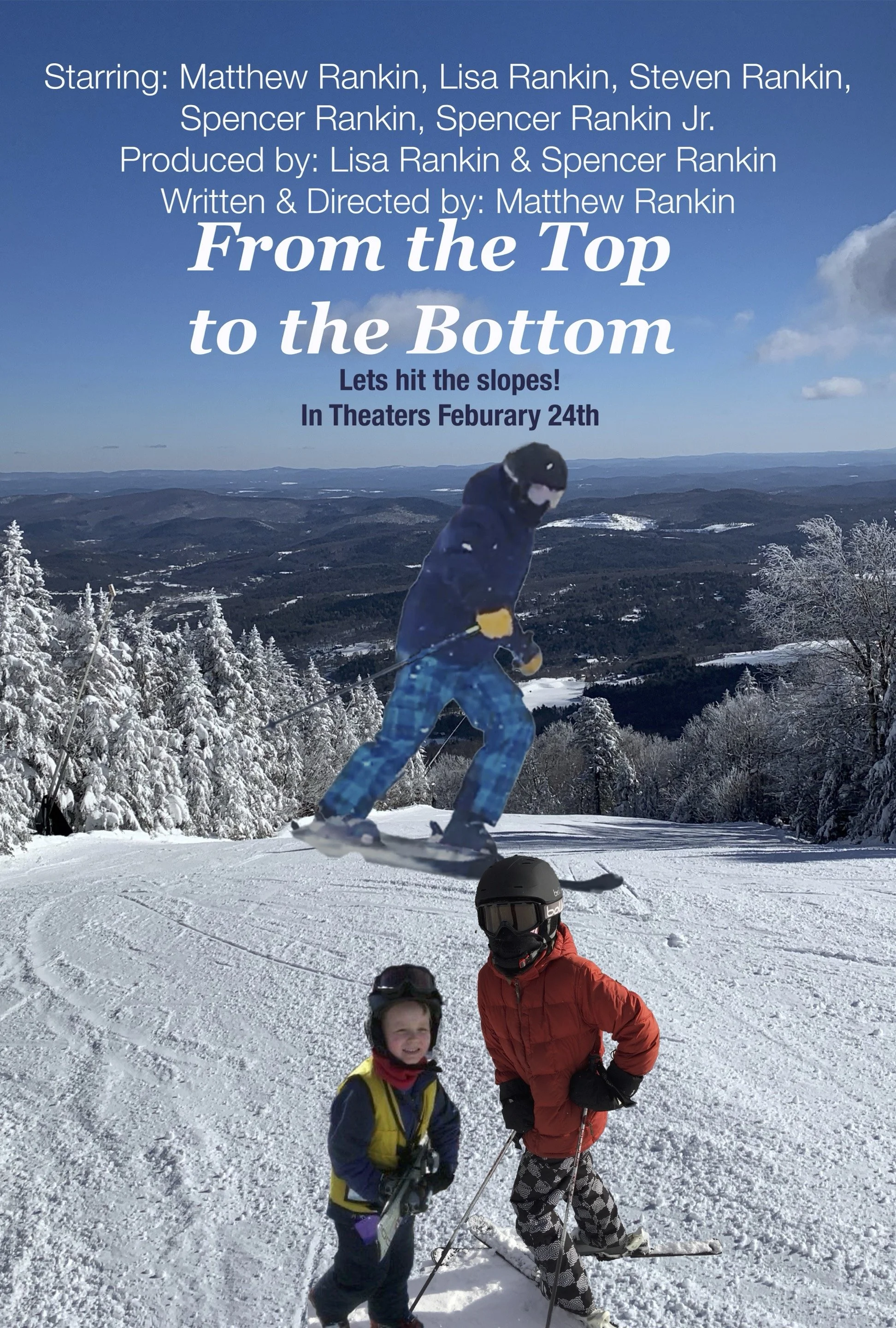 A group of four people, two children and two adults, on a snowy mountain slope with snow-covered trees and mountains in the background. One person is skiing in mid-air, and the others are standing on skis, all wearing winter clothing and helmets.