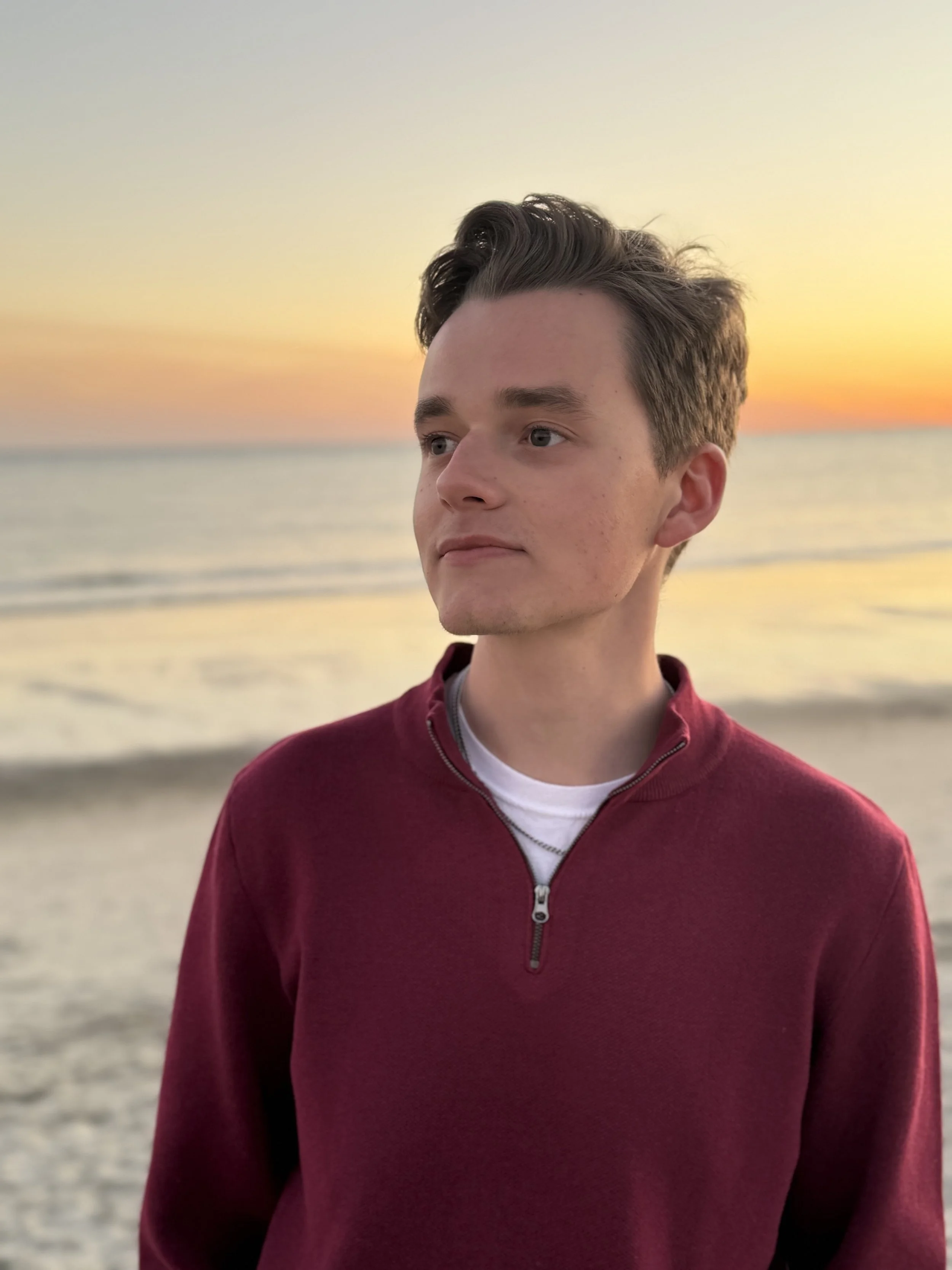 A young man stands on a beach during sunset, wearing a burgundy zip-up sweater over a white T-shirt, with ocean waves in the background and the sky painted in warm pastel colors.