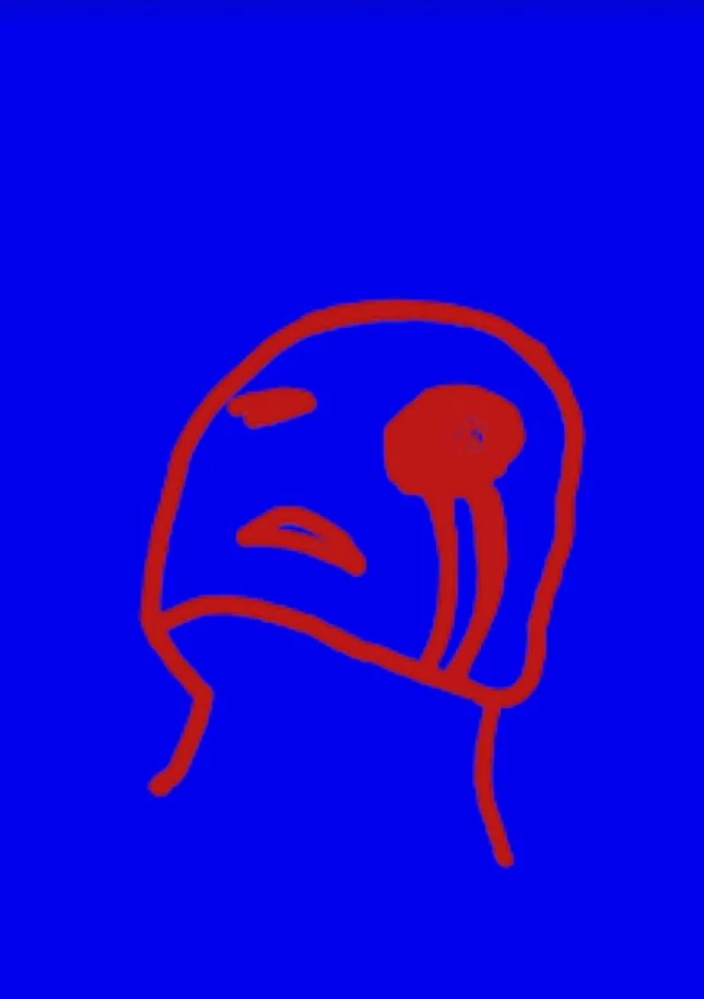 A simple, red line drawing of a sad or upset face on a blue background.