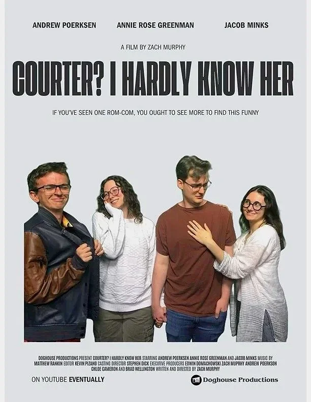Movie poster for 'Counter? I Hardy Know Her' showing four young adults, two men and two women, standing in casual clothing. They appear to be friends, smiling and engaging with each other.
