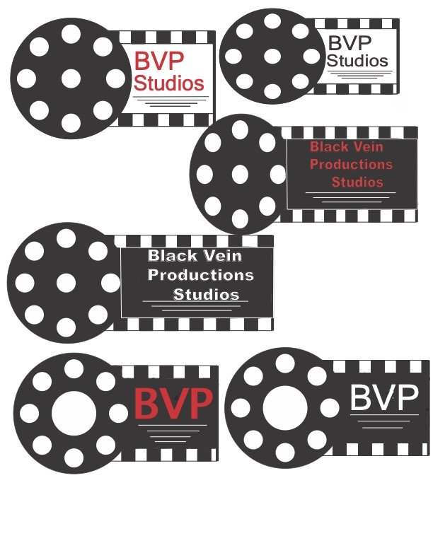 Multiple black and white film reels with labels, some reading 'BVP Studios' in red and others 'Black Vein Productions Studios' in red, on a white background.