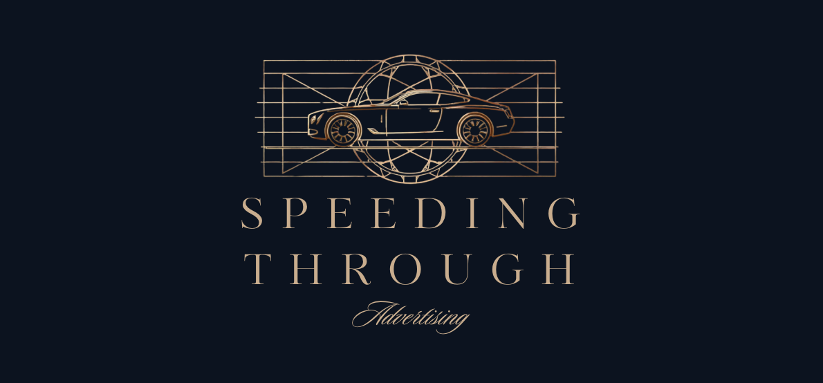 Logo with a line drawing of a sports car in front of a geometric background and the text "Speeding Through Advertising" underneath.