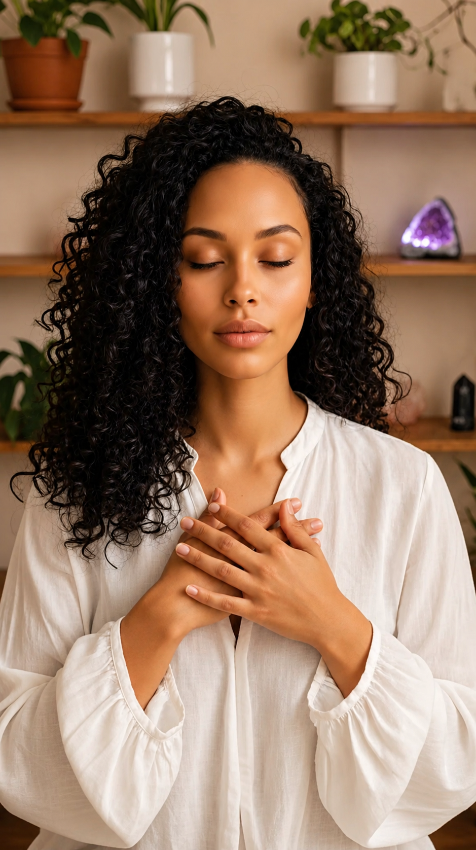 A woman with curly black hair and closed eyes, wearing a white blouse, holds her hands to her chest in a peaceful pose, standing in front of a shelf with potted plants and decorative objects.