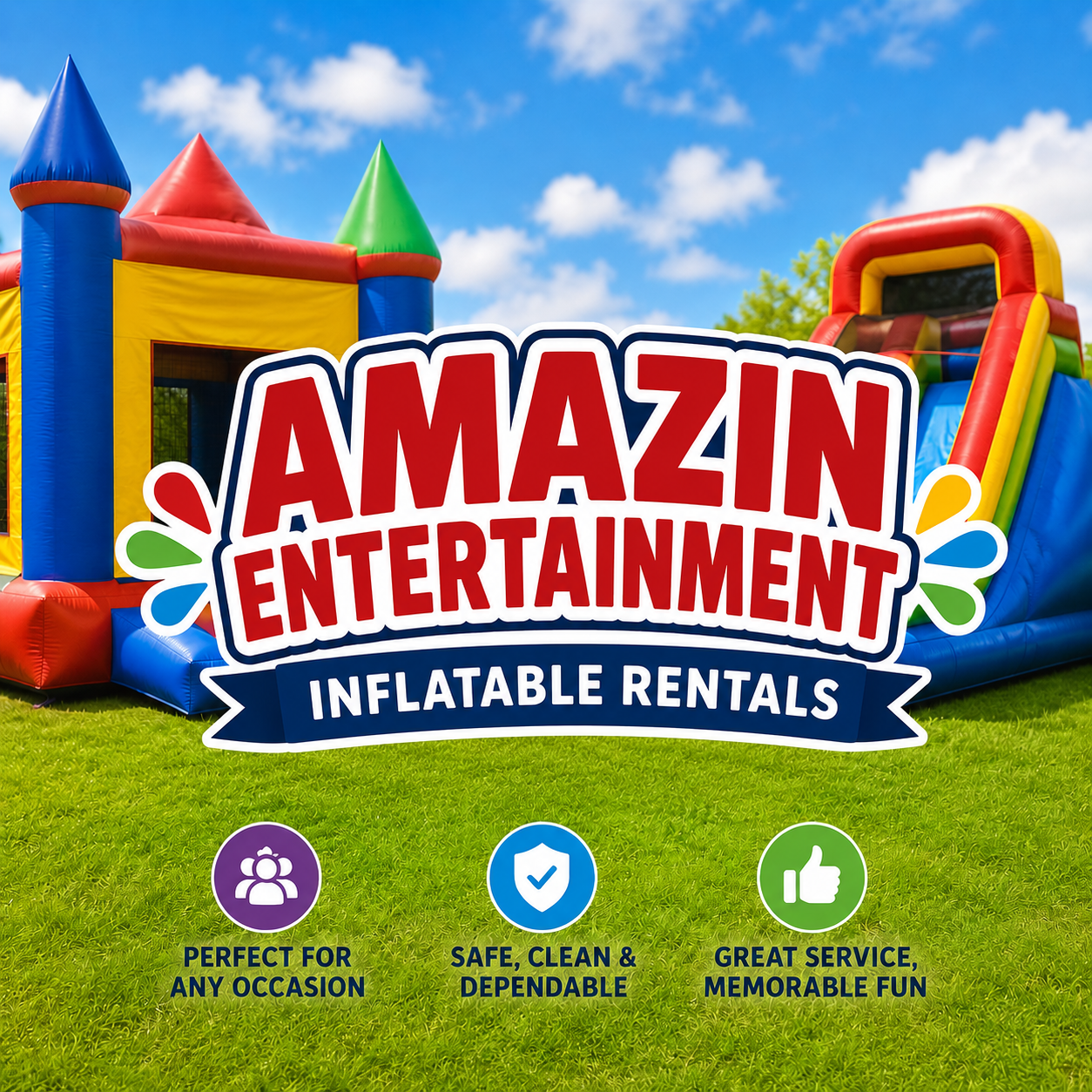 Colorful inflatable bounce houses on a grassy field under a blue sky with clouds, with overlay text promoting inflatable rentals for entertainment.