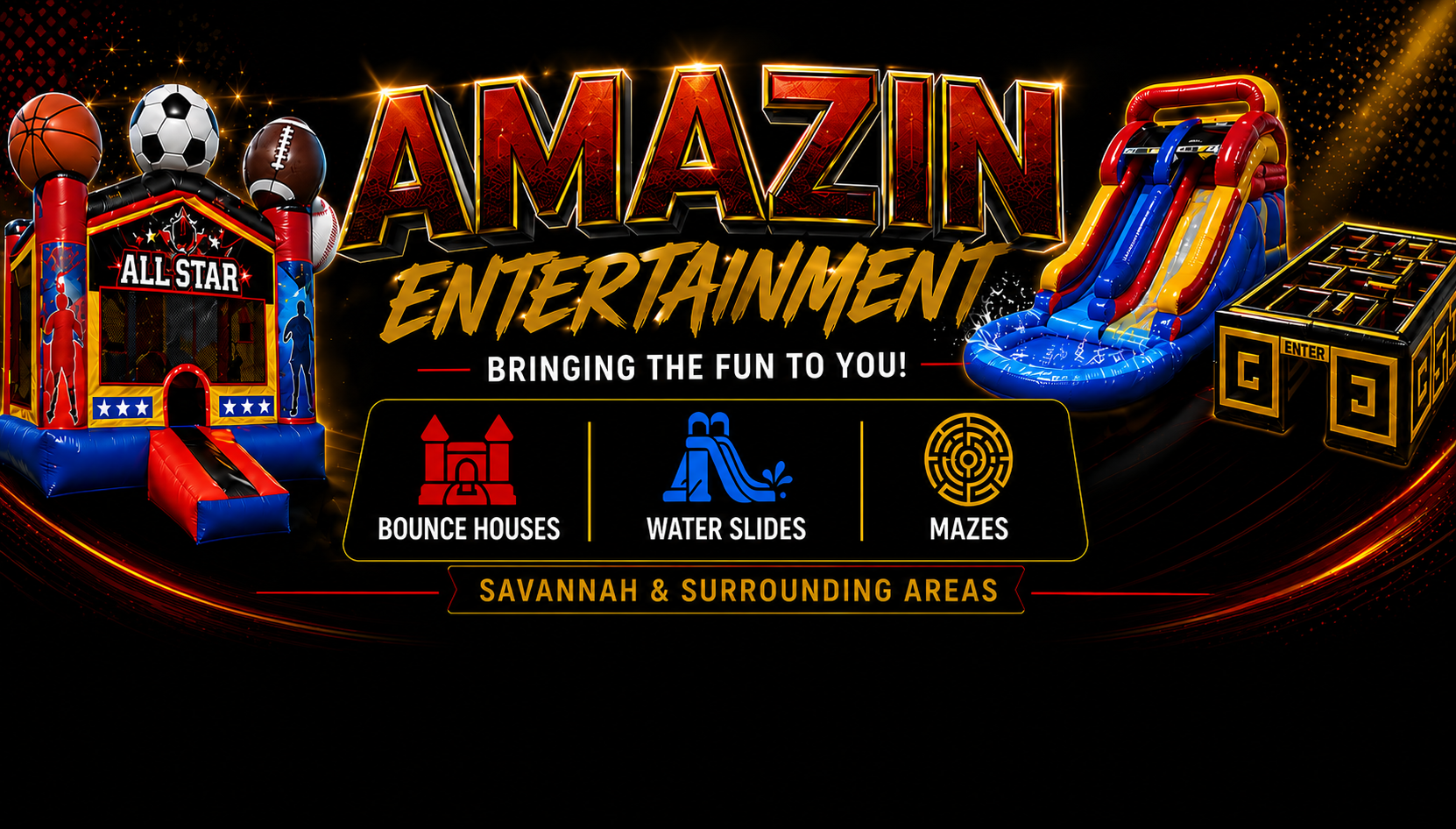 Colorful advertisement for an entertainment area in Savannah, featuring bounce houses, water slides, and mazes, with inflatable slides and maze structures against a black background.