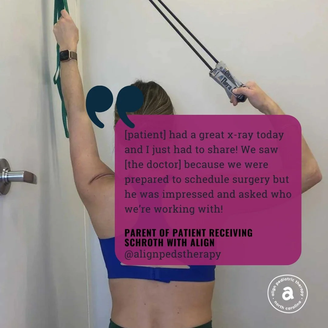 Providing Schroth physical therapy for scoliosis in the Raleigh - Durham area is one of the most rewarding parts of the job!

Ready to get started? info@alignpediatrictherapy.com