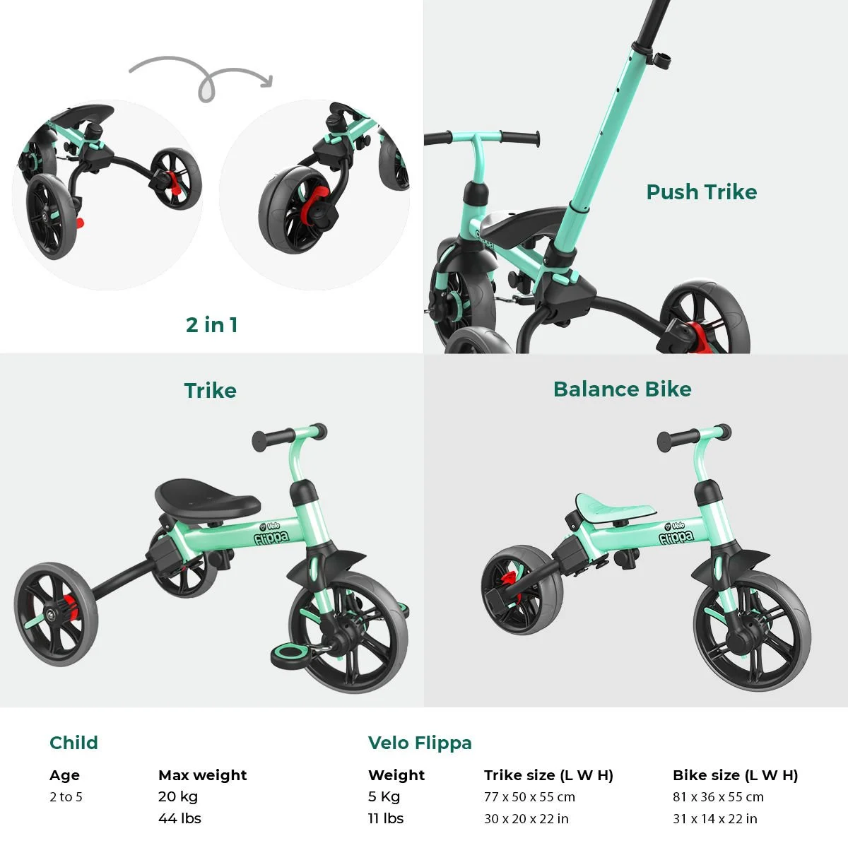 Yvolution Velo Flippa 4-in-1 Tricycle to Balance Bike 2-5 Years (Green) Unisex