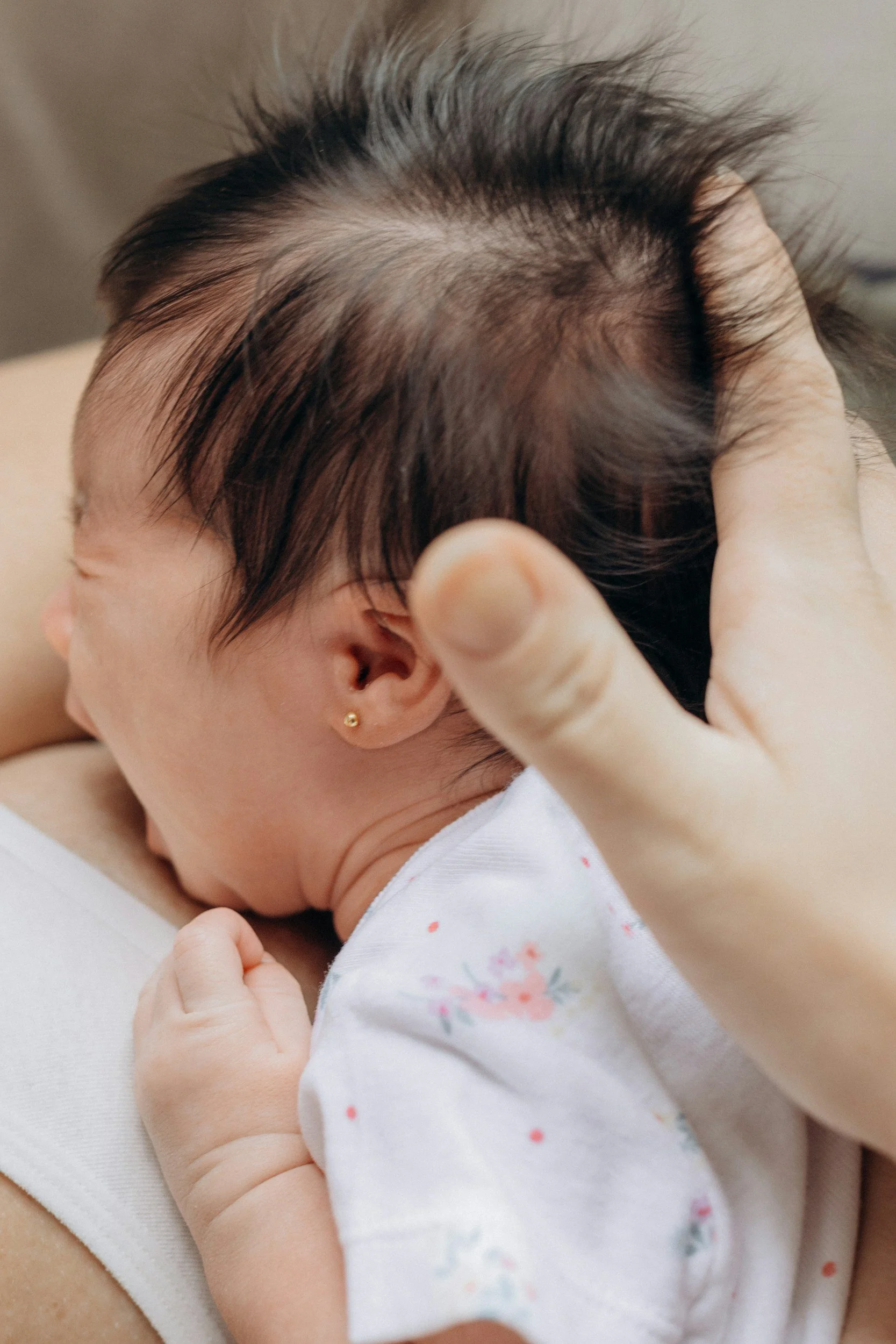 Close-up of a baby's head being gently held or massaged by an adult, showing soft skin and dark hair.