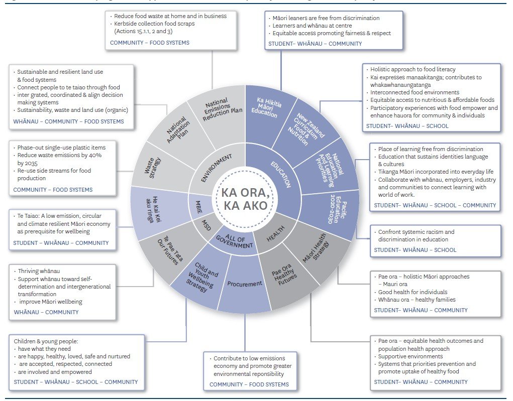 Diagram illustrating multiple sectors involved in delivering healthy schools meals, including education, health, environment, food systems, social development and community strategies, with objectives like sustainability, equity, and wellbeing.