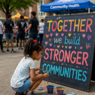Child crouching beside a colorful sign that reads, “Together we build stronger communities,” at a community health event.