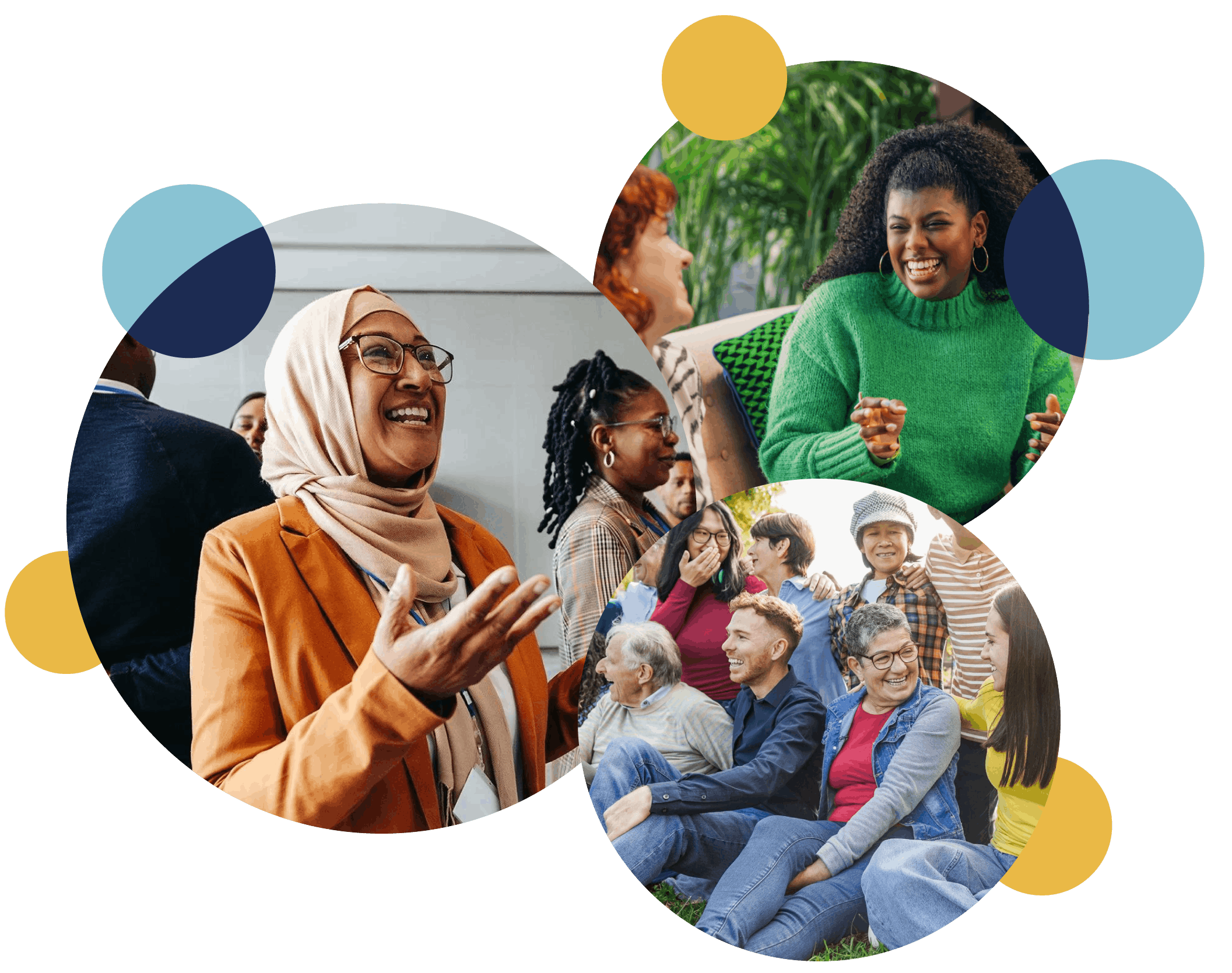 Community members of different ages smiling and connecting in group settings.
