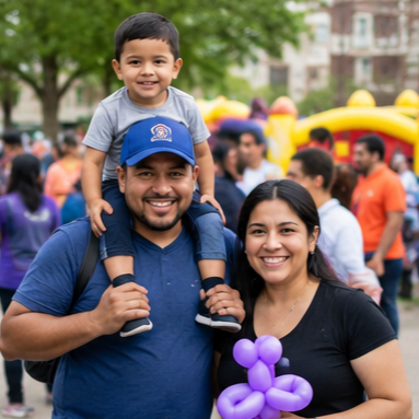 Two adults smile with a young child sitting on one adult’s shoulders at a community event.