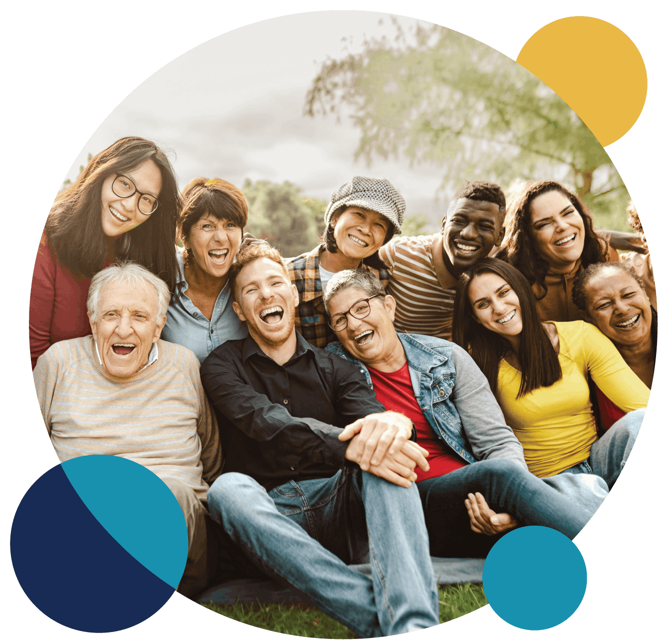 Group of people of different ages smiling together outdoors.