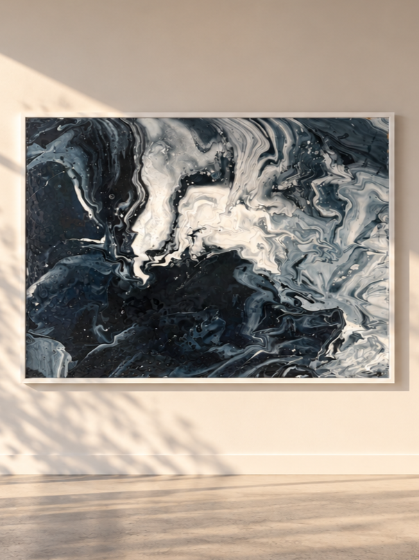 I’m grateful for drowning because it taught me how to swim to find the light |
acrylic and resin on canvas · oak frame · 2025–2026 |
48 × 60 in |
from Lessons from the Ocean