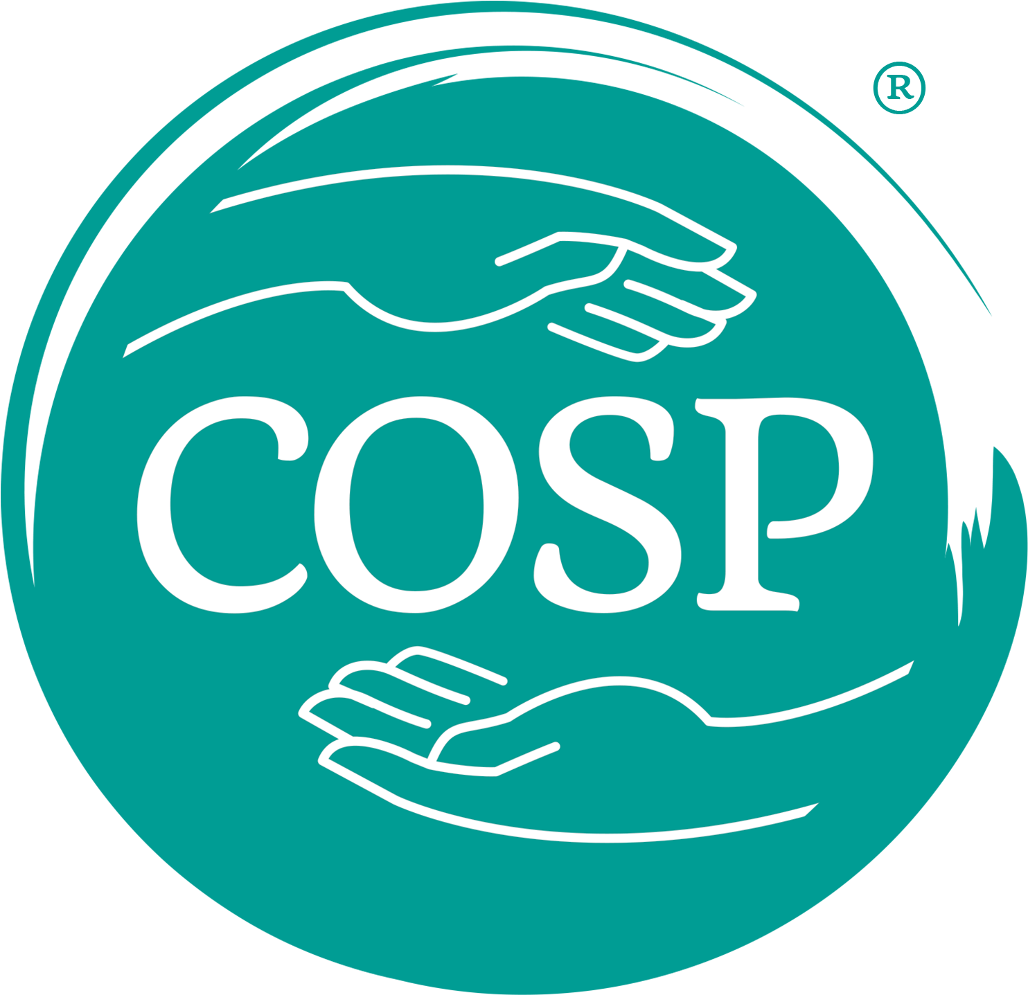 Circular logo with teal background, featuring the word 'COSP' in large white letters, with two white outline hands surrounding the text.