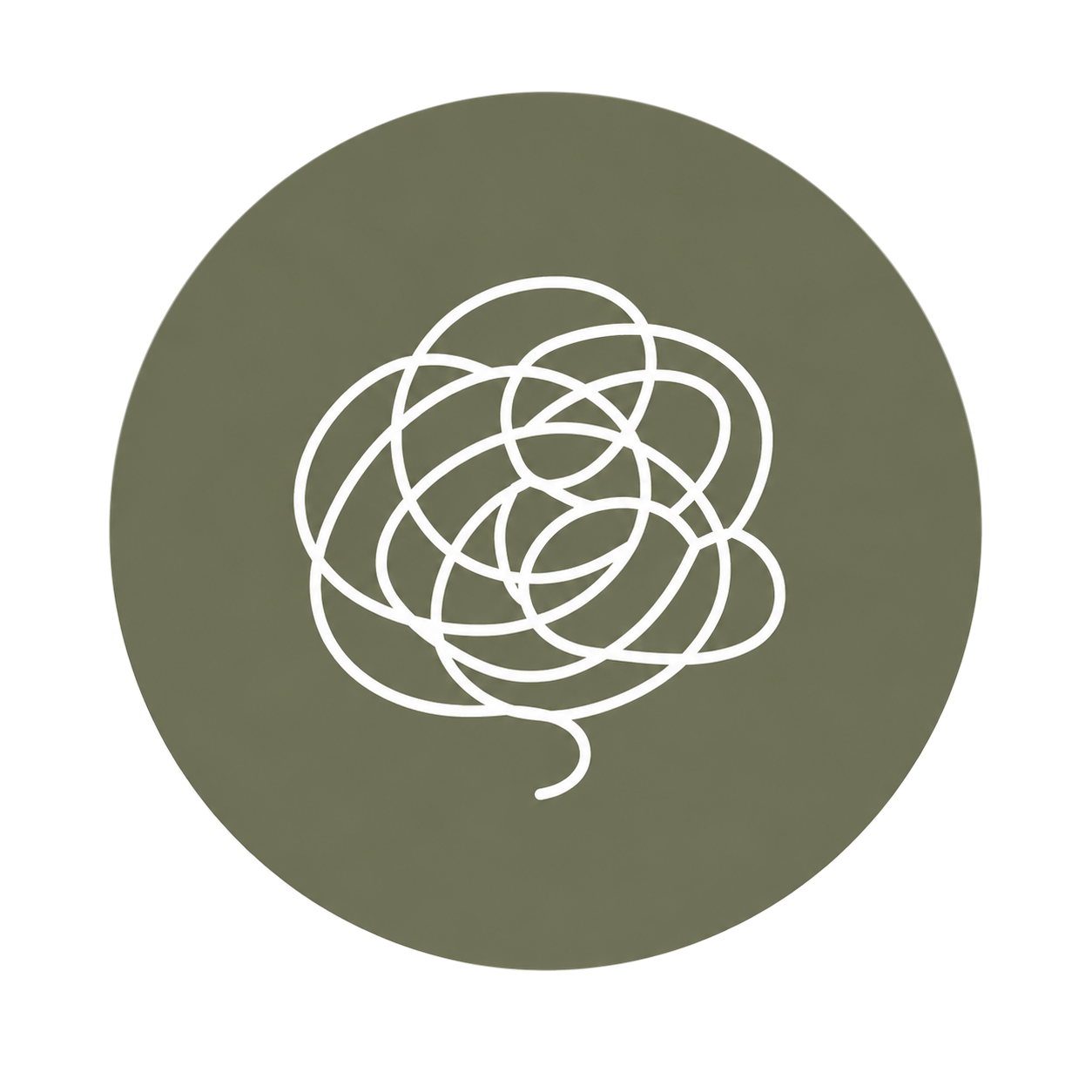 A white line drawing of a tangled ball of string or wire on a dark gray circular background.