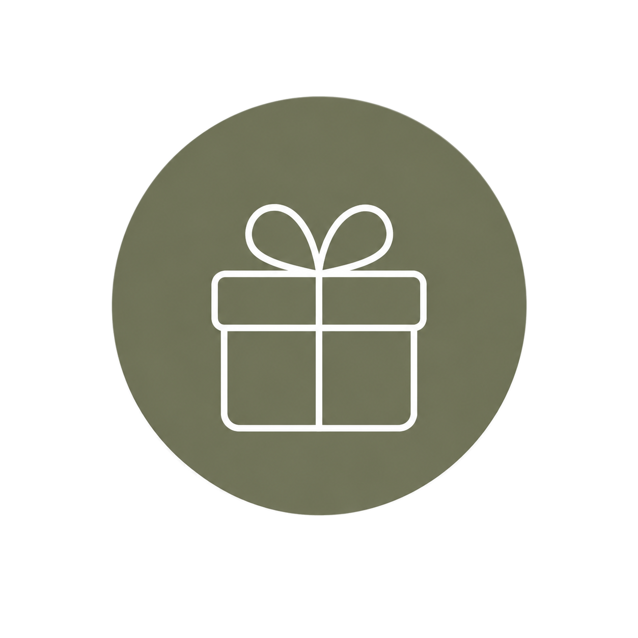 Minimalist white outline of a gift box with a ribbon and bow, centered on a muted green circular background.