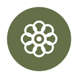 Icon of a white flower with multiple petals on a green circular background.