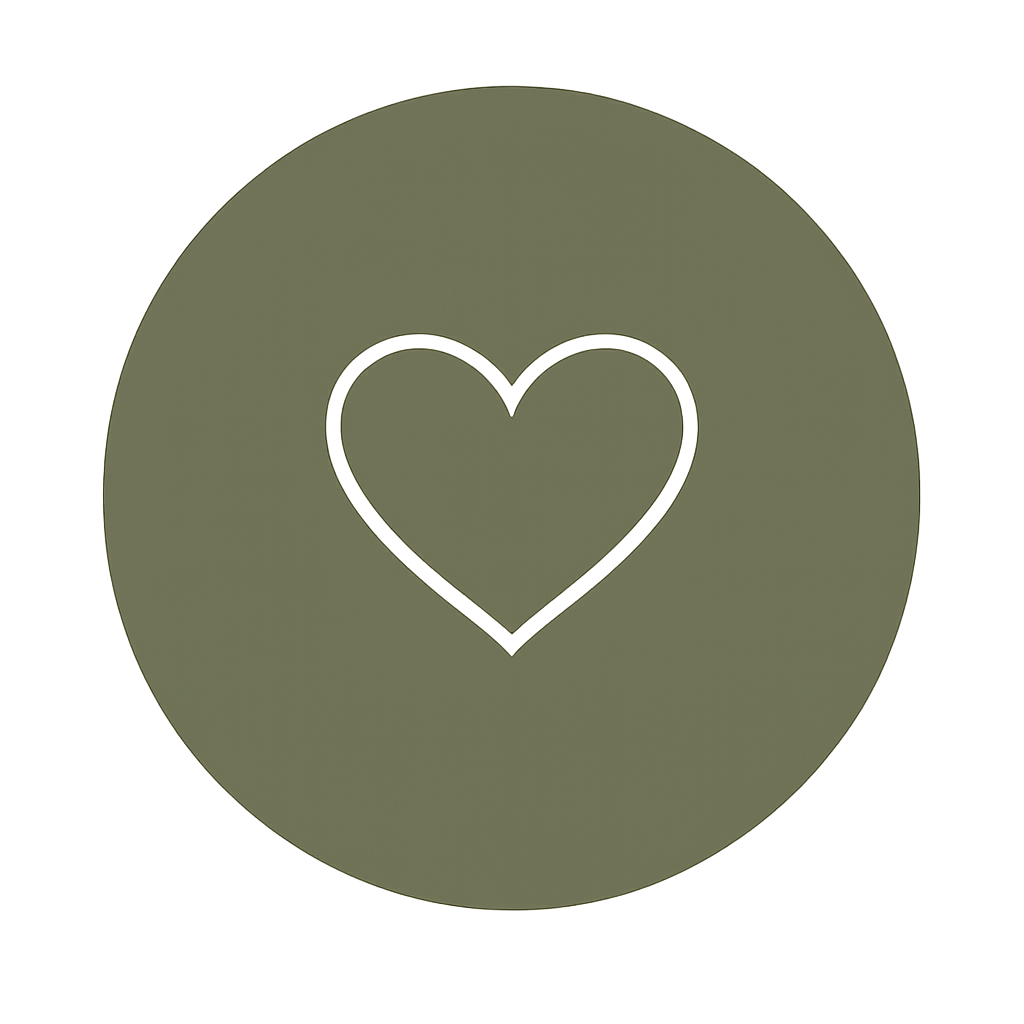 A circular object with a black outline of a heart in the center, and the circle has a muted green color.