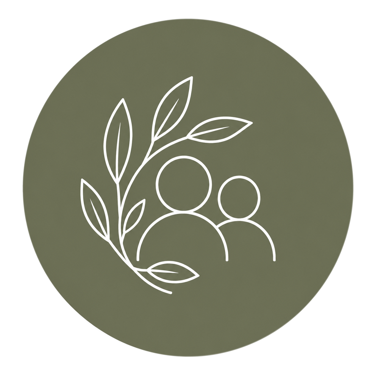 Line drawing of a plant with leaves and two human figures inside a large circle, on a green background.