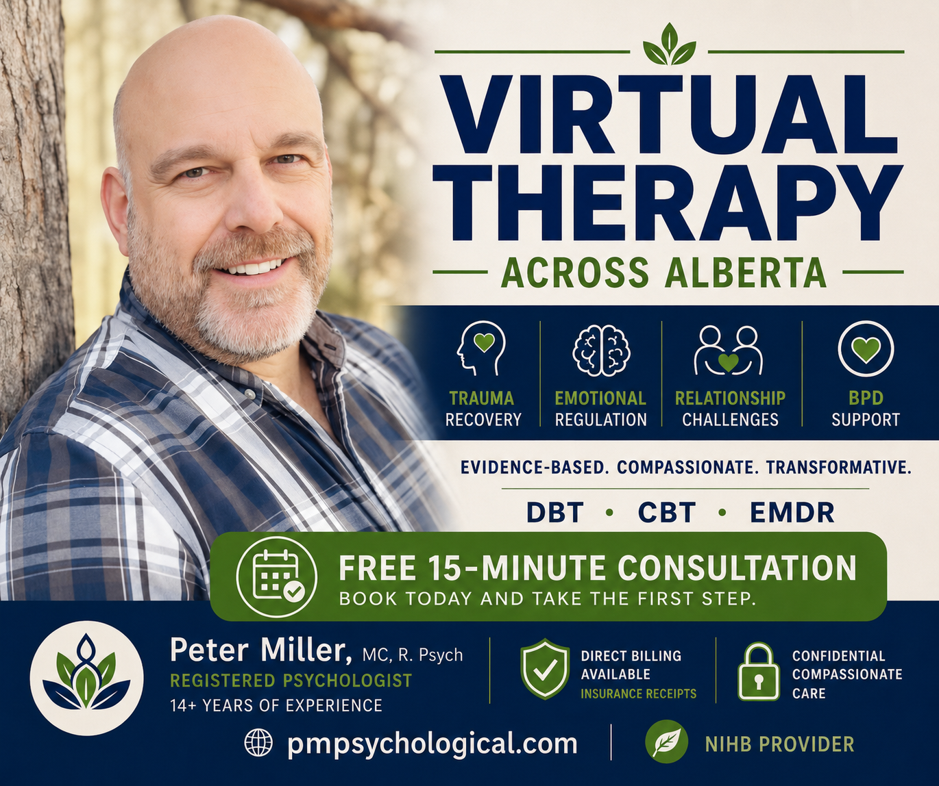 A promotional flyer for virtual therapy across Alberta featuring a smiling middle-aged man with a beard wearing a plaid shirt, standing outdoors next to a tree. The flyer highlights services for trauma recovery, emotional regulation, relationship challenges, and BPD support. It offers a free 15-minute consultation and promotes evidence-based therapies like DBT, CBT, and EMDR, with contact info for Peter Miller, a registered psychologist.