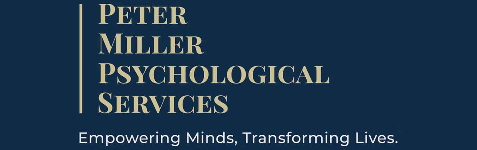 Logo for Peter Miller Psychological Services with the slogan "Empowering Minds, Transforming Lives" on a dark blue background.