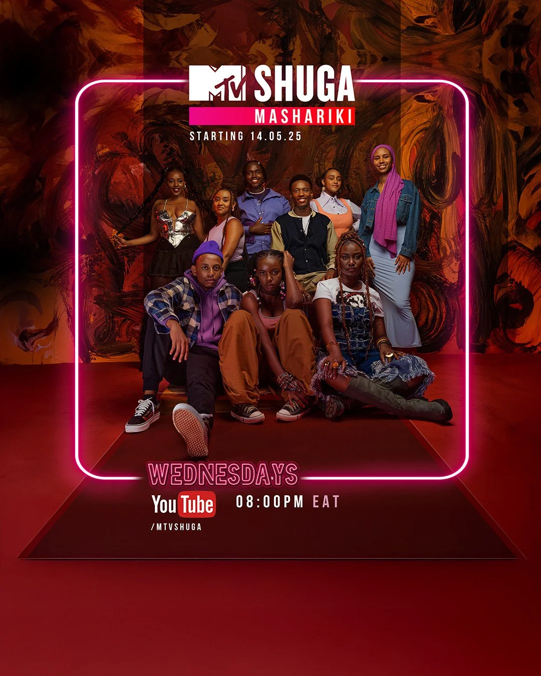 Promotional poster for MTV Shuga Mashariki featuring a group of young people, with details about a show starting on May 14, 2025, airing Wednesdays at 8:00 PM on YouTube.