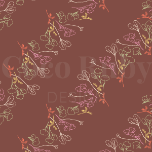 Pattern of flowers and leaves in pastel colors on a brown background.