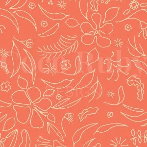 Cream line drawings of flowers, leaves, and tropical plants on a coral background.