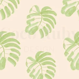 Repeating pattern of green monstera leaves on a light beige background.