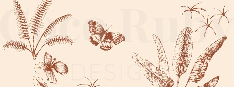 Hand drawn illustration of tropical and botanical elements including ferns, banana leaves, and butterflies on a beige background.