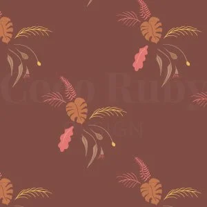 A patterned fabric with brown background and pink, tan, and gold tropical leaves and foliage.