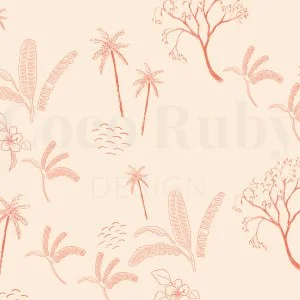 Pattern with palm trees, ferns, and other tropical plants in shades of pink on a light beige background.