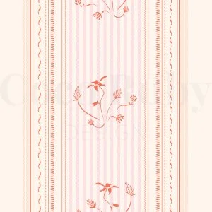 Pink and white striped wallpaper with floral patterns and decorative borders.