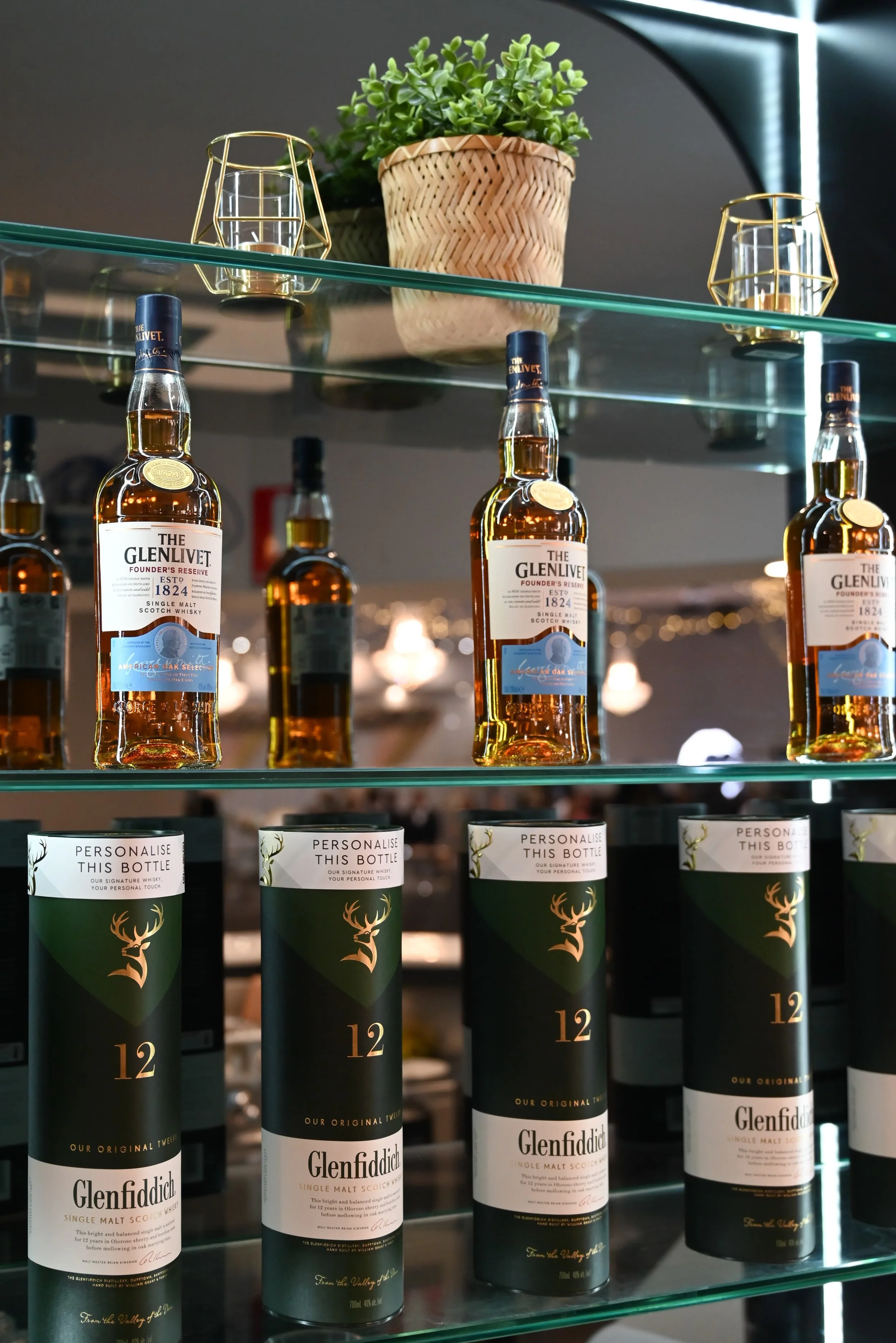 Shelf with bottles of Glenfiddich single malt Scotch whisky, labels showing '12' and a silhouette of a deer, decorative candle holders, and a potted plant on a glass shelf.