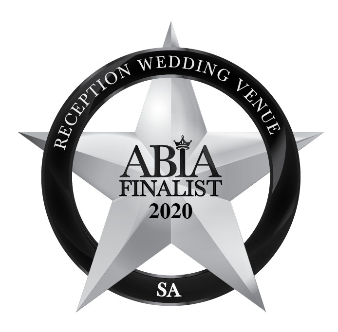 ABIA FINALIST AND WINNER DONATO THE VENUE, DONATO RECEPTION CENTStar-shaped badge with a circular black border, inscribed with 'Reception Wedding Venue'. Inside the star, text reads 'ABIA Finalist 2020'. At the bottom of the badge, 'SA' is displayed.