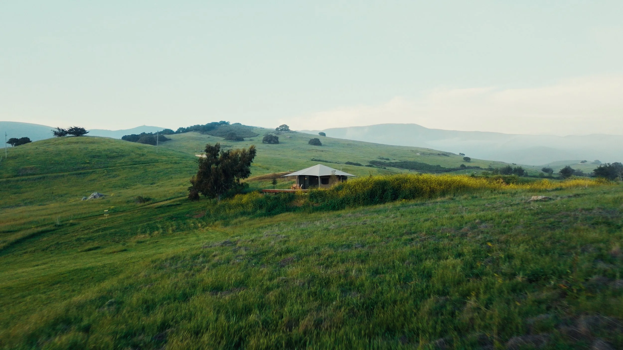 A landscape of rolling green hills with a small house with a white roof, scattered trees, and distant mountains under a light, cloudy sky.