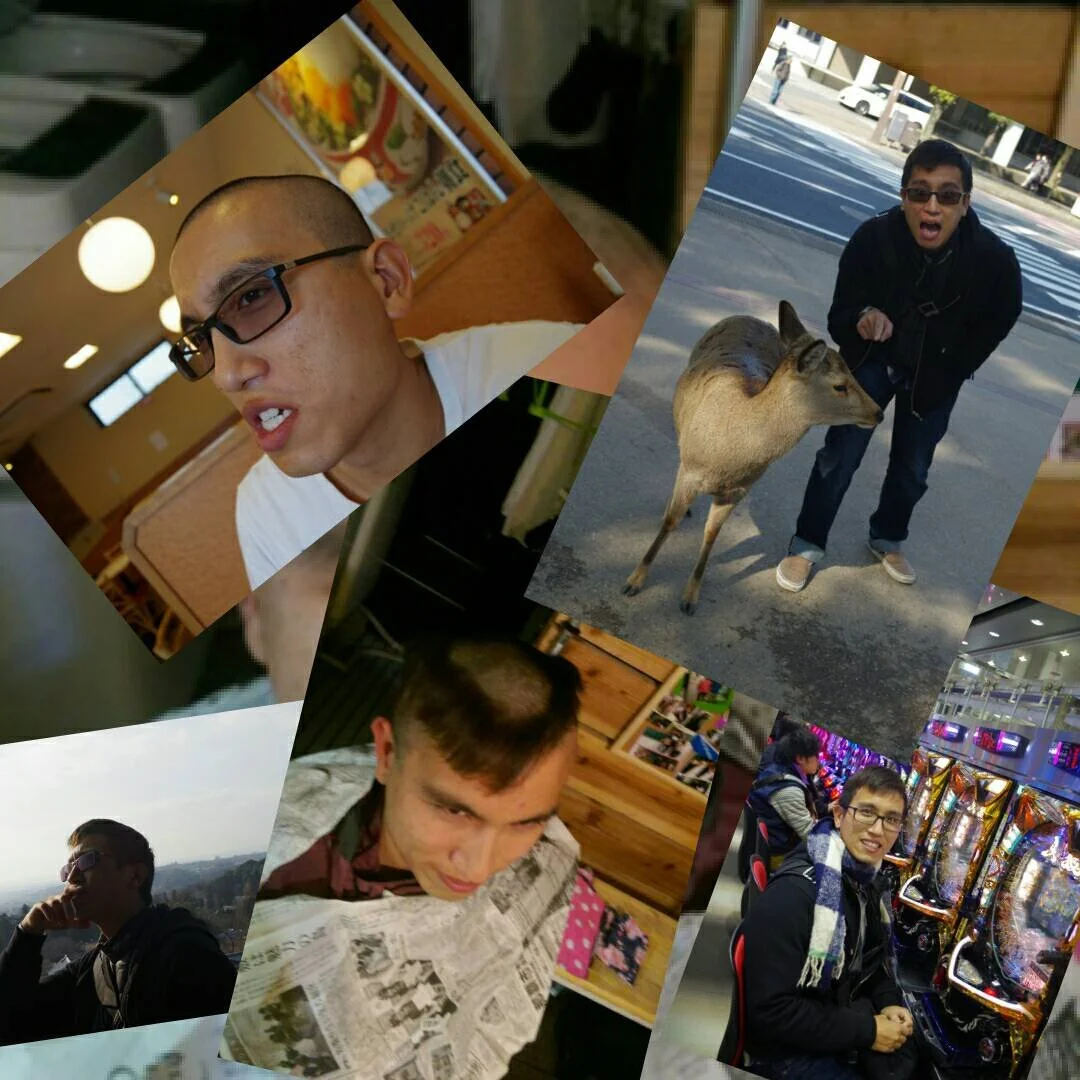 Collage of five photos featuring a man in various settings, including indoors at a restaurant, outdoors with a deer, on a rooftop with a city view, and at an arcade, with one photo showing a person with a shaved head and glasses, and others with glasses and different hairstyles.