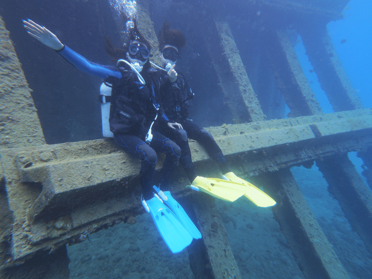 Two scuba divers sitting on a sunken shipwreck with coral and marine growth, wearing wetsuits, masks, and fins underwater.