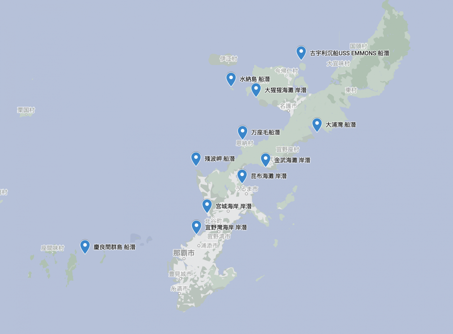 A map of Japan with blue location markers indicating various offshore shipwreck sites along the coast.